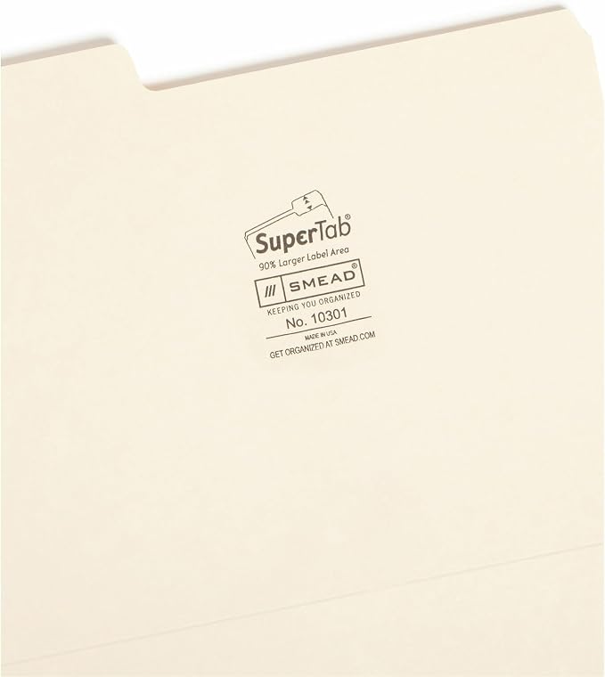 Smead SuperTab File Folder, Oversized 1/3-Cut Tab, Letter Size, Manila, 100 Per Box (10301)
