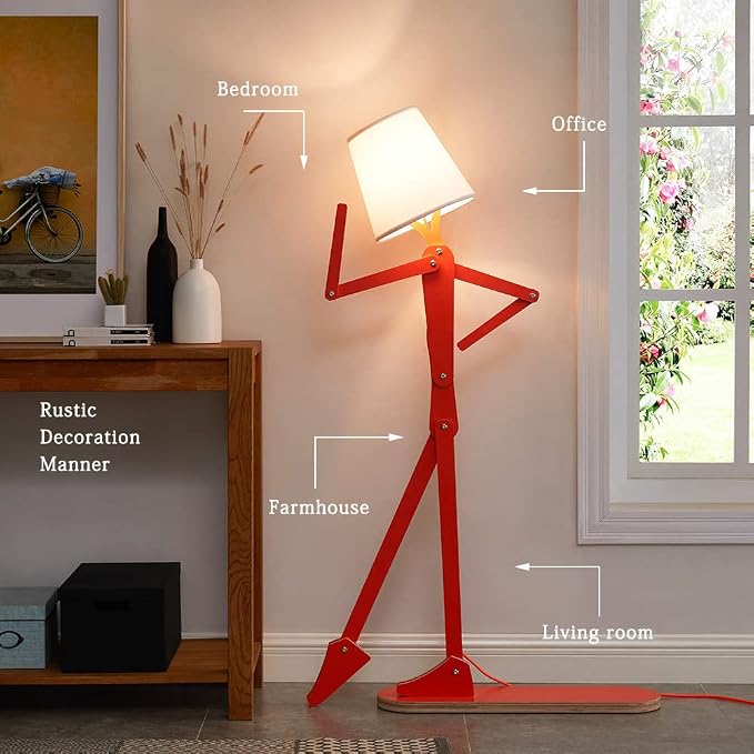 Cool Tall Wood Floor Lamp Corner Reading LED Bulb Included, Orange | Unique Design, Bedroom, Living Room, Office, Kids Bedside, Dorm, Decorative Standing Light, Creative Swing Arm