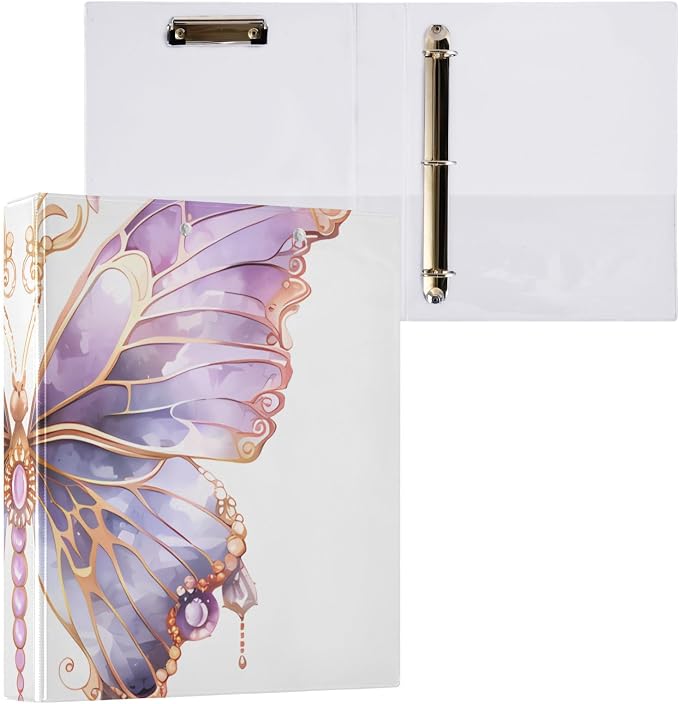 3 Ring Binder Butterflies Purple Butterfly 1.5 inch Binders Three Ring Binders with Clipboard Fit 8.5'' x 11'' Paper 3 Interior PVC Clear Pockets for Office Supplies