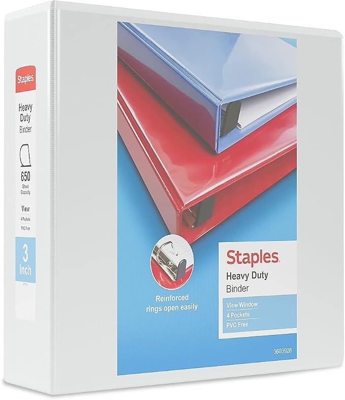 Staples Heavy-Duty 3-Inch D-Ring View Binder, White – Large Capacity 3-Ring Binder for School & Office Storage