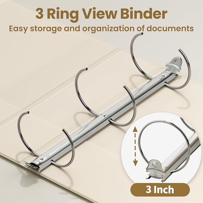 SUNEE 3 Ring Binder 3 Inch 4 Pack, Clear View Binder Three Ring PVC-Free (Fit 8.5x11 Inches) for School or Office Supplies, Neutral Aesthetic