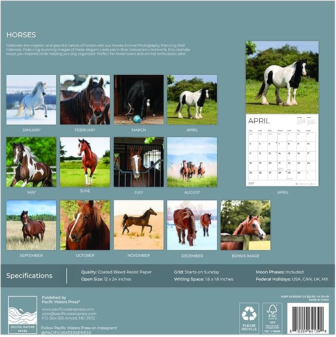 Horses 2027 Wall Calendar, 12 x 24 Hanging Pacific Waters Press