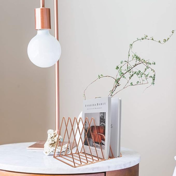 Rose Gold Magazine Holder, Desktop File Sorter Organizer Triangle 9 Slot Newspaper Record Storage Shelf Rack for Home Office Decoration