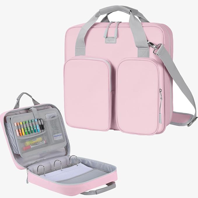 4 Inch Zipper Binder 3 Ring with Shoulder Strap,Tough/Multi-Pocket | Binder Bag with Laptop organizer for School Travel,Fit 13" MacBook & Tablet,800 Sheets Capacity,Water Resistant,Pink