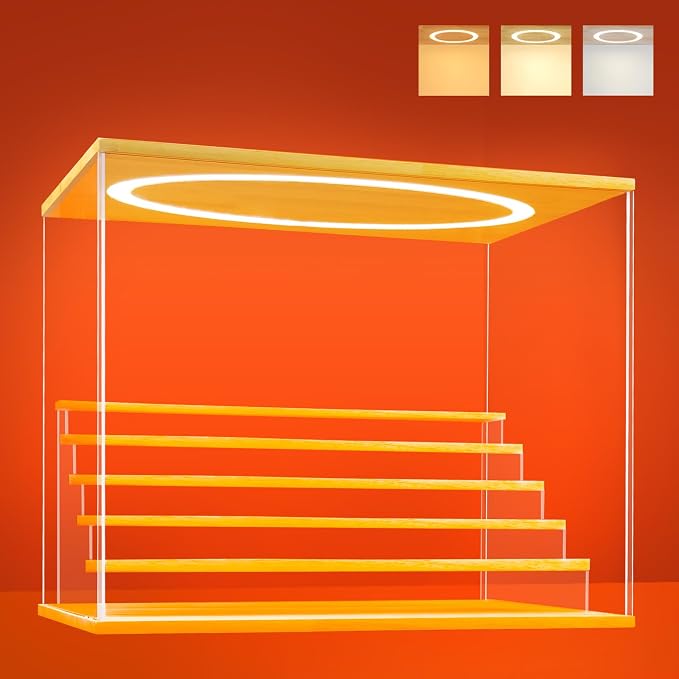 Acrylic Display Case with Adjustable LED Light, 6 L Tier Clear Display Box Dustproof Showcase for Action Figures, Collectibles and Mini Toys, Assembly Display Cabinet(Wood 19.7*12.6*16.5in)