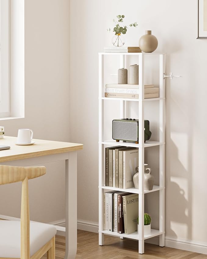 Open Book Shelf, 5 Tier Tall Bookshelf, Freestanding Shelf Narrow Bookcase with Open Shelves, 14.96" x 10.63" x 53.54", Book Shelves for Living Room, Office, Study, White