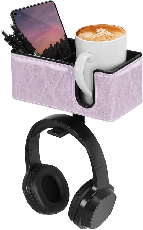 Under Desk Cup Holder Clamp on Cup Holder PU Leather Clip on Desk Organizer | Desk organizer with pencil holder clamp on side, under desk hanging organizer, clip on cup holder desk phone stand holder PU