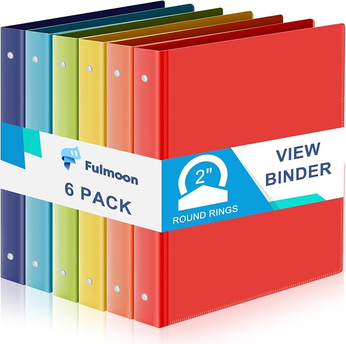 Fulmoon 6 Pack 2 Inch Plastic 3 Ring Binders with Pockets, Rainbow Colors | Flexible Covers with Round Rings and Front Pockets for Organizing Papers at School, Office, Meetings and Presentations