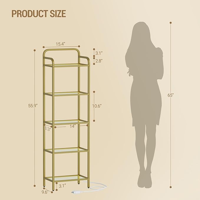 Hzuaneri Bookshelf, Tempered Glass Bookshelves with Lights and Steel Frame | Tall Narrow Bookcase , Display Shelf, Slim Shelving Unit for Living Room, Bedroom, 9.6"D x 15.4"W x 55.9"H Gold BC34599G