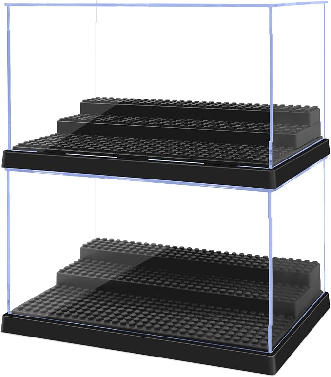 Pokiiulk Display Cases for Minifigures, 2 Mini-Figure Display Boxes Fits for Block Figures, Minifigures Cases with 3 Removable Stands Fits for 95% Minifigs, Characters, L, Black