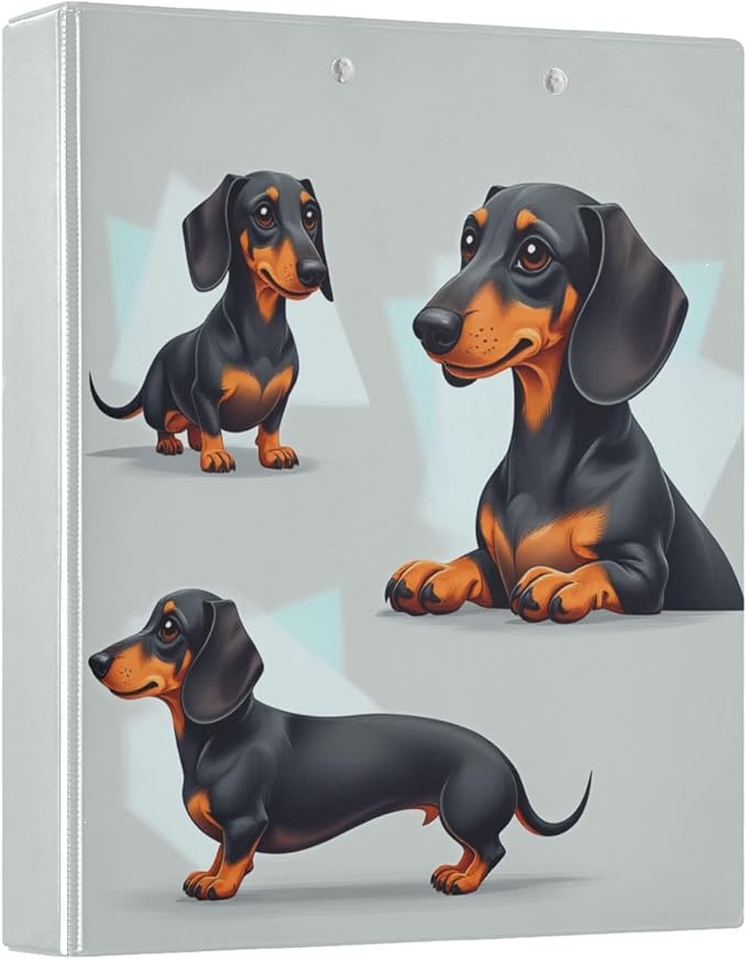 Aslsiy Kids 3 Ring Binder 1.5 Inch Black and Tan Dachshund (2) Girls Round Clipboard Binder Decorative Harcover Binders Organizer for Office School Supply