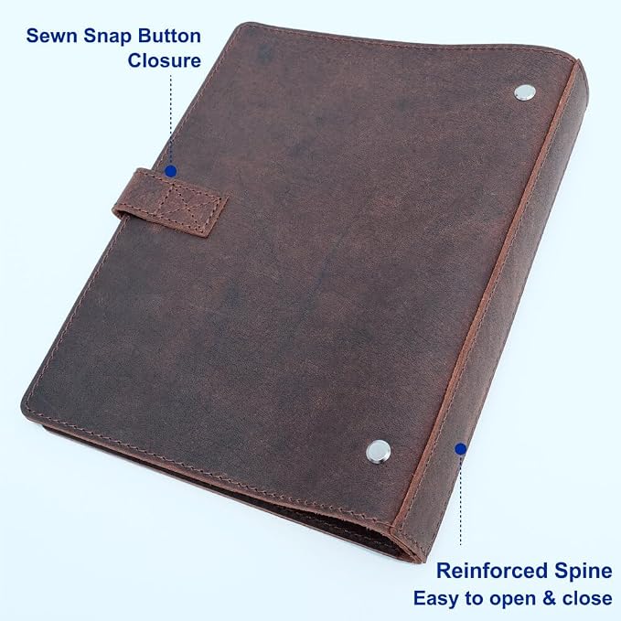 Fan&Ran Leather 3 Ring Binder, 1" Round Rings for 8.5"x11" Paper and Sheet Protectors, Interior Pockets & Snap Closure, Letter Size, Vintage Brown