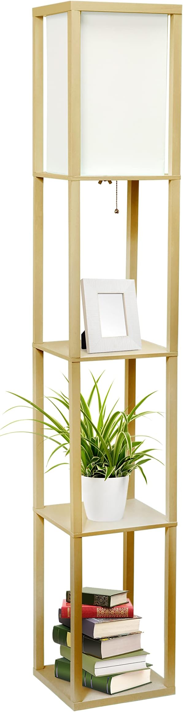 Simple Designs LF1014-TAN Etagere Organizer Storage Shelf Linen Shade Floor Lamp, Tan