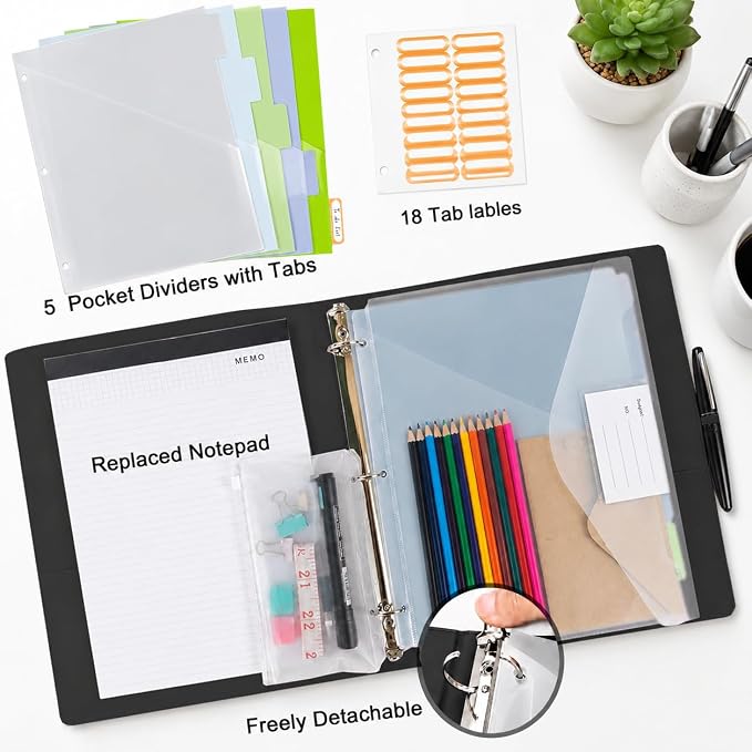 3 Ring Binder with Clipboard,1 Inch Binders with Notepad&5 Dividers with Pockets, Labels,PU Clipboards for School Office(Black,Letter Size)