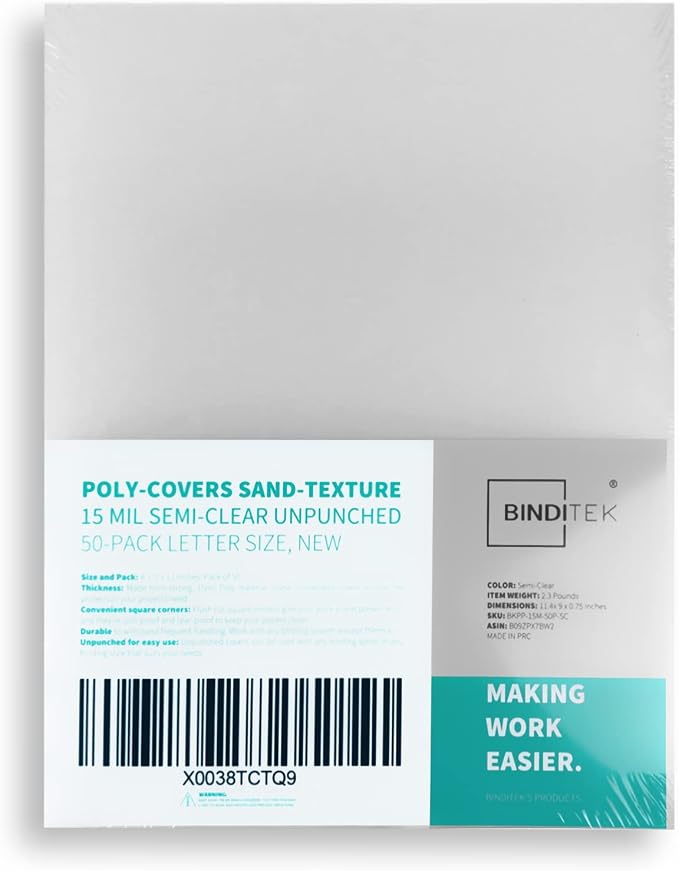 Binditek 15 Mil Binding Covers, 8.5x11 Inches, Semi-Transparent, 50 Pack | 15 Mil Binding Covers, 8.5x11 Inches Letter Size, Lightly Textured Sand Finish, Square Corners, Unpunched