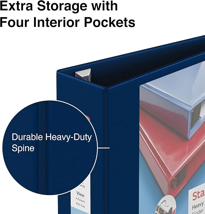 Staples Heavy‑Duty View Binder, 4" D‑Ring, Navy Blue, Reinforced Spine, High‑Capacity 3‑Ring Binder for School & Office Organization