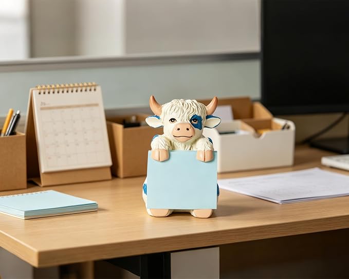 Highland Cow Pop-Up Sticky Note Dispenser for 3 x 3 in Notes, Blue | Includes 100 sheets, handmade resin desk decor for office, home or classroom, gift for teacher, coworkers and cow lovers