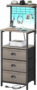 sthmec Bedside Tall Nightstands with Charging Station, LED Bedside Table for Bedroom - 3 PU Fabric Drawers, Hooks, USB/Type-C Ports & Open Bedside Shelves, Grey