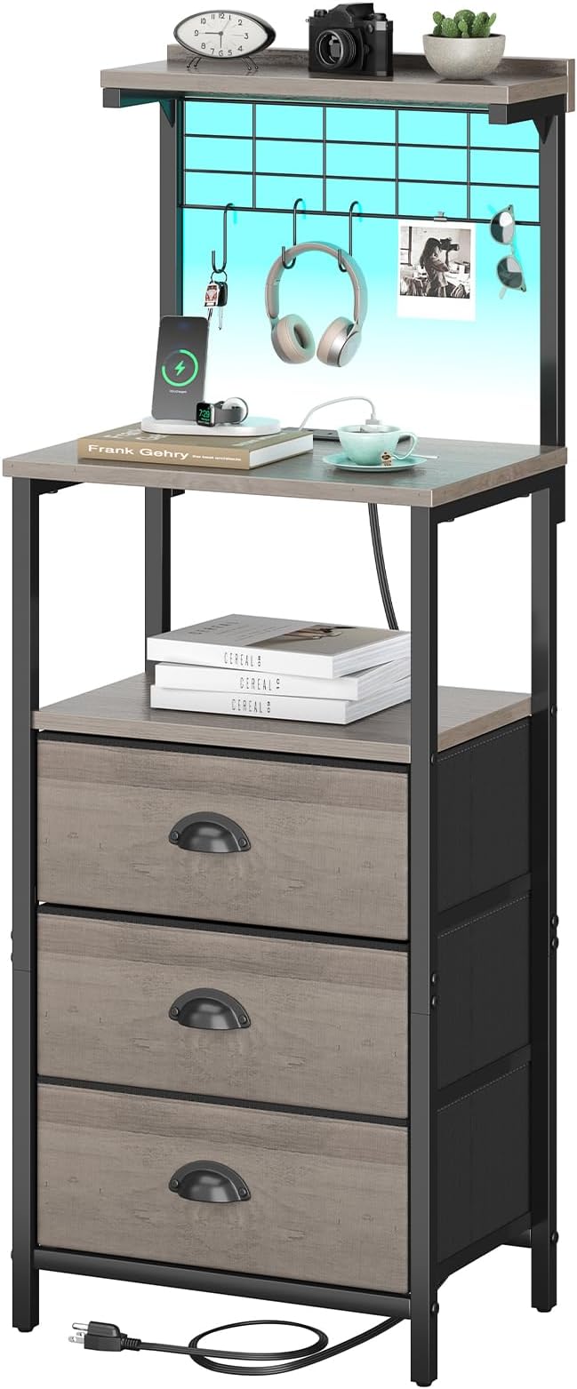sthmec Bedside Tall Nightstands with Charging Station, LED Bedside Table for Bedroom - 3 PU Fabric Drawers, Hooks, USB/Type-C Ports & Open Bedside Shelves, Grey