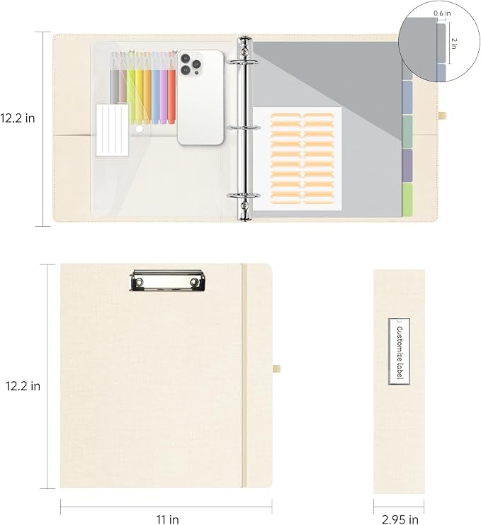 2 Inch 3 Ring Linen Binder Organizer, BVSSX Three Ring Binders with Clipboard, Plastic Folder, 5-Tabs Pocket Dividers with Sticker Labels, Pen Loop, Elastic Strap (Beige, Letter Size)