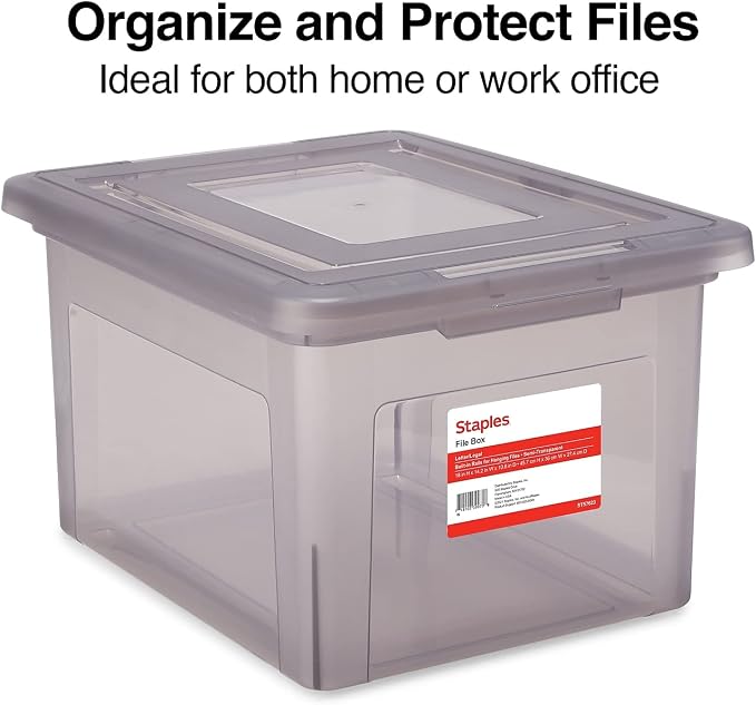 STAPLES Hanging File Folder Box, Storage Bin Organizer, Snap Lid, Letter & Legal Size Documents, Frost Gray | Frost gray bin keeps letter and legal size documents organized and accessible.