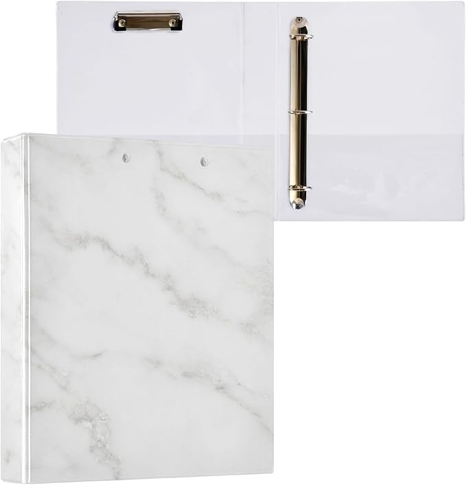 Marble Round Ring Binders 1.5 Inch White 3 Ring Clipboard Binder for Office School Work Supplies File Folder Document 200 Sheet Capacity Easy Open