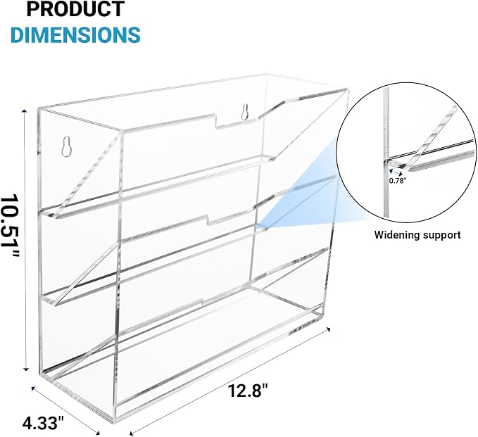 Hanging Wall File Organizer with 4 Pocket Tier - Acrylic Vertical Mail File Folder Holder Wall Mount Mail Magazine Rack with Bottom Tray for Office Home Countertop, Clear