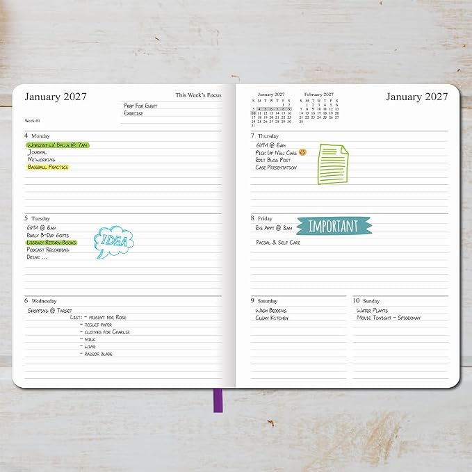 2026-2027 Planner - Weekly and Monthly Planner, Oct 2026 - Dec 2027, Vegan Leather Cover, Elastic Closure, 7"x9.25", Purple