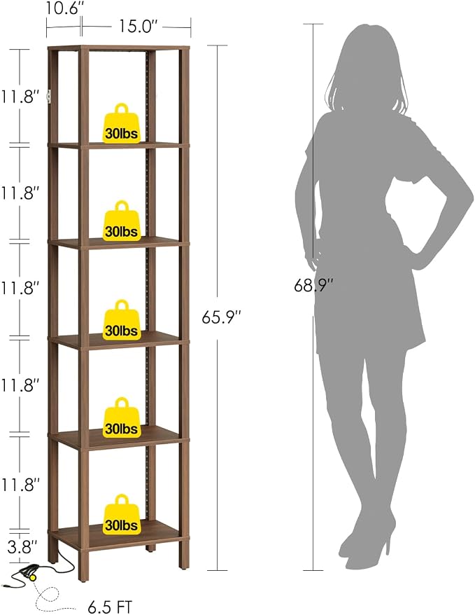 Open Book Shelf with LED Lights, 6 Tier Tall Bookshelf, Freestanding Shelf Narrow Bookcase with Open Shelves, 14.57" x 10.63" x 65.83", Book Shelves for Living Room, Office, Study, Walnut