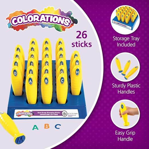 Colorations STAMPUP Good Grasp Stamping Sticks Uppercase (Pack of 26) | Set of 26, Letter Stampers for Kids, Learn the Alphabet, Letter Recognition, Decorating & Card Making, ABC Stampers for Kids