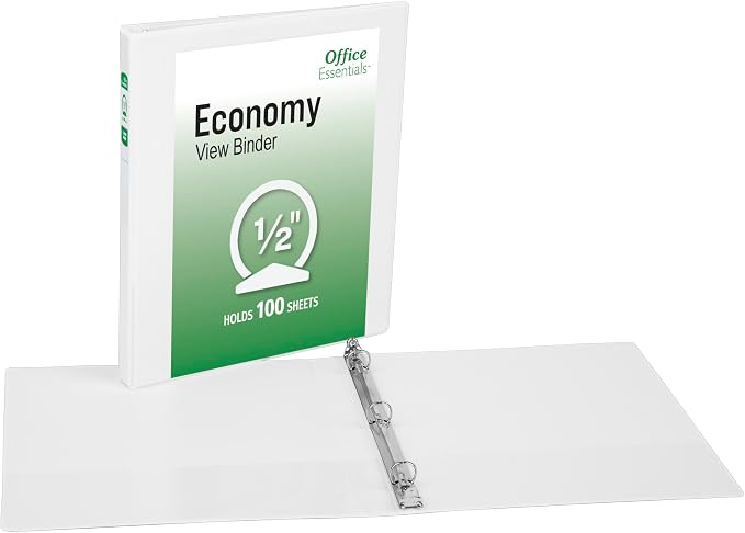 Office Essentials Economy View 3 Ring Binders, 0.5" Round Rings, 0.7" Spine, 100-Sheet Capacity, White Binders (12-Pack of 03422)