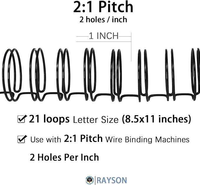 RAYSON 2:1 Wire Binding Spines, 21 Loop, 1 Inch, 240 Sheet, Black, 50 Pack | 2:1 Pitch Binding Wire | Double Loop Wire Design | Binds Up to 240 Sheets | Letter Size Compatible | Smooth Page Turning