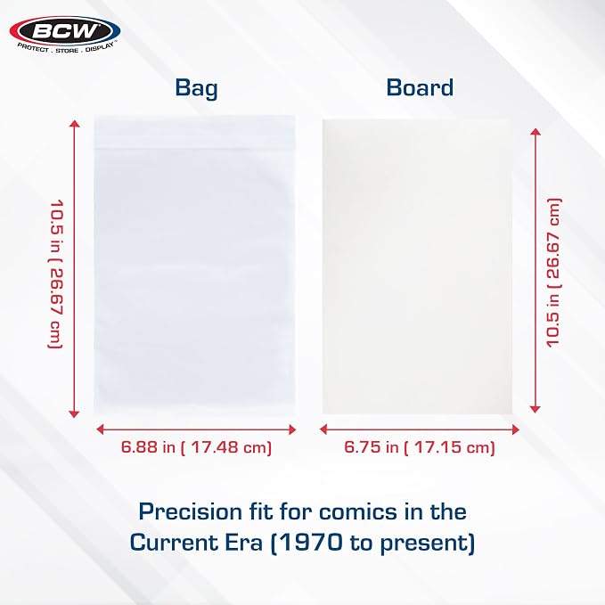 BCW Resealable Current Comic Bags and Boards Combo, 100 Count Each | Protect current comics with 100 acid-free resealable bags and 100 rigid backing boards for storage, display, and transport.