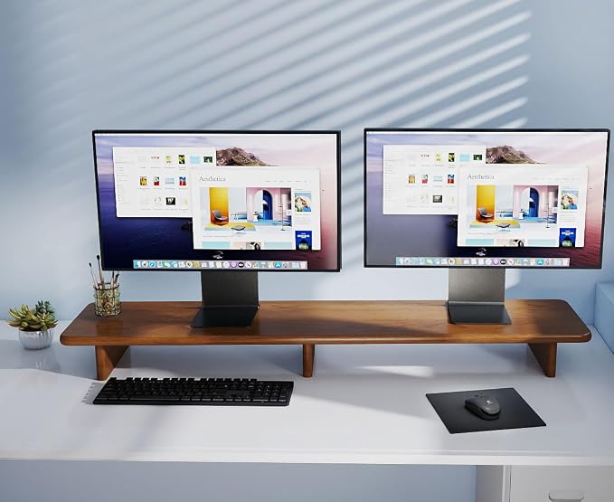 Solid Wood Dual Monitor Stand Riser Walnut Monitor Riser for Desk Wooden Desk Shelf Ergonomic Monitor Stand for Home Office
