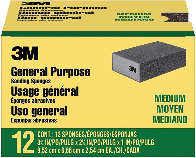 3M Sanding Sponge Block, 12-Pack, Medium Grits, 3-3/4 in x 2-5/8 in | Designed For Sanding Wood Paint Metal Plastic or Drywall Features 3M Abrasive Made with Durable Flexible Foam (CP002-12P)