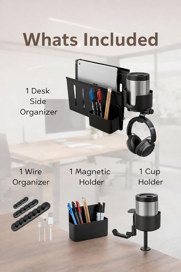 Desk Side Storage Organizer Clamp On – Side Desk Organizer Kit with Cup Holder, Magnetic Cable Organizer & Accessory Magnet, Hanging Desk Organizer for Home Office & Standing Desk