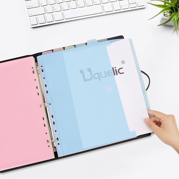 Uquelic A4 Binder, Folio Document Organizer, 3 Ring Folder Letter Size | Cute 12-Pocket Life Binder for Paper, Files, Photos, Letters, Cards (Black-Macaron)