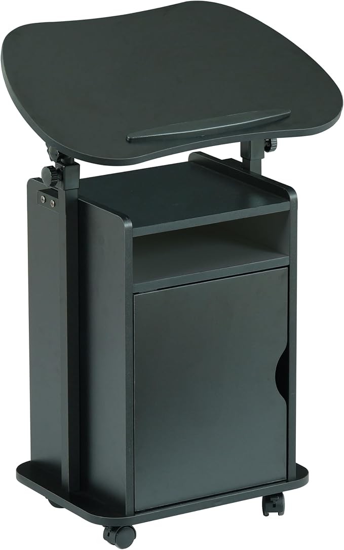 Techni Mobili Adjustable Laptop Cart w/Storage, Rolling Mobile Desk, Black | Adjustable laptop cart with storage cabinet, shelf, locking wheels, sit‑stand height for home office, bedside, classroom