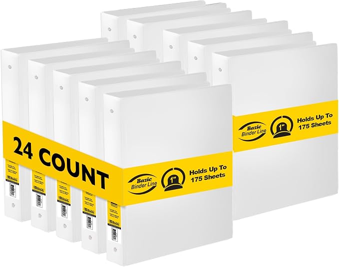 BAZIC Products 1" White 3-Ring Binder, Round Ring, 2 Pockets, 24-Case | round rings, 1 in White 3-ring binder, 2 inside pockets, holds up to 175 sheets, Durable poly cover
