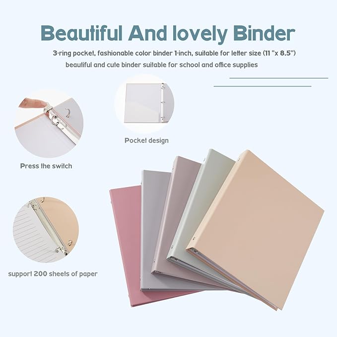 2-Pack, 3-Ring Pocket, Fashionable Color Binder 1-inch, Suitable for Letter Size (11 "x 8.5"), Beautiful and Cute Binder Suitable for School and Office Supplies, Pink Color