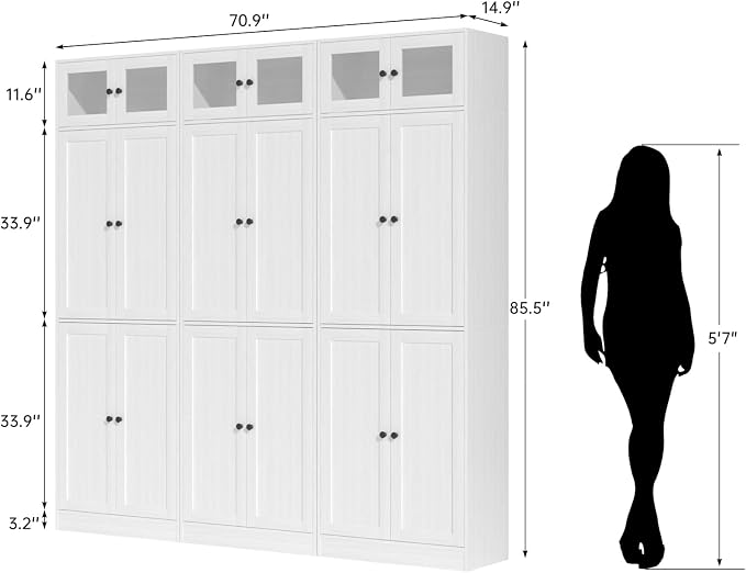 TUSY 85.5" Modern Tall Bookcase with Glass Doors, 7-Tier Wood Bookshelf with Storage for Home Office, Large Curio Cabinet for Living Room, Office, Bedroom, Family Room (White, CCC)