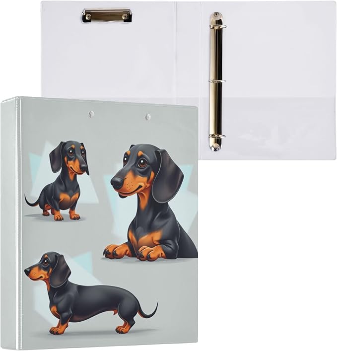 Aslsiy Kids 3 Ring Binder 1.5 Inch Black and Tan Dachshund (2) Girls Round Clipboard Binder Decorative Harcover Binders Organizer for Office School Supply