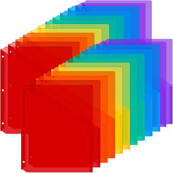 Maitys 30 Pack Binder Pockets 3 Ring, Letter Size 8.5x11,Rainbow Color | Clear Plastic Document Sleeves, Sheet Protectors with Slash Jacket, Fits Standard 3 Hole Binders, Organize Office Papers