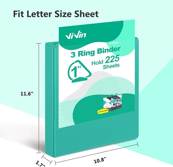 ViVin Sturdy 1 Inch D Ring Binders with 2 Pockets, 6 Pack, Lake Green | 3 Ring Binders with Clear View Cover, Hold 225 Sheets of US Letter Size Paper, PVC-Free for Office, Home, School