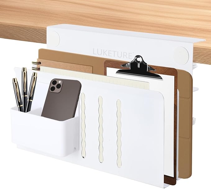 LUKETURE 2 Tier Desk Side Storage, No Drill Laptop Mount with Pen Holder | Fits Flat Edge Desks 0.3 to 2.8 Inches,Secure Grip on Wood, Glass, or Metal Surfaces Without Slipping