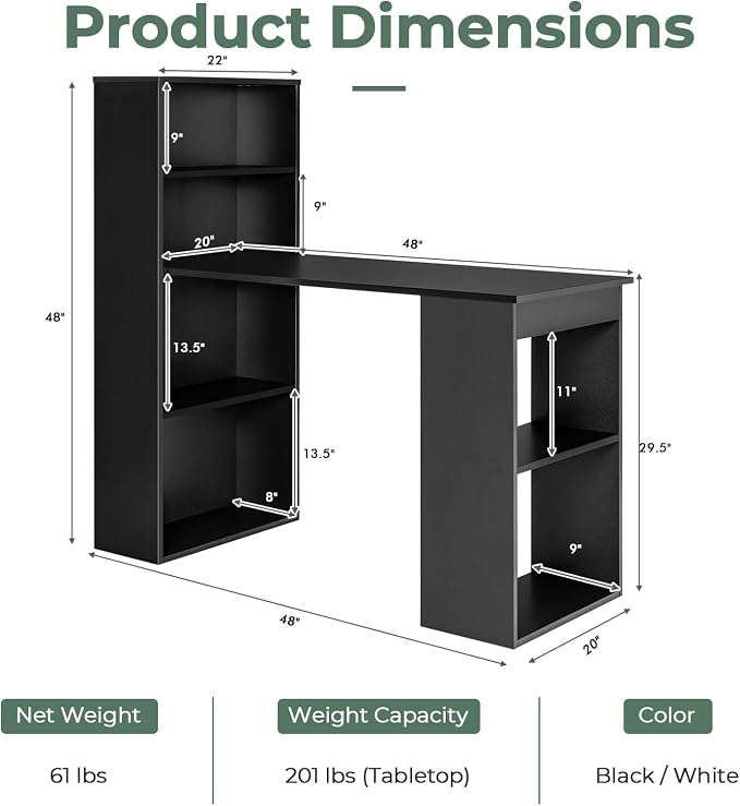 GRAFFY Computer Desk with 6 Storage Shelves - 48" Reversible Writing Desk Workstation with Bookshelf and CPU Stand, Modern Compact Office Desk for Bedroom, Study, Home, Office (Black) | Reversible Writing Desk with 6 Storage Shelves, Modern Compact Off...