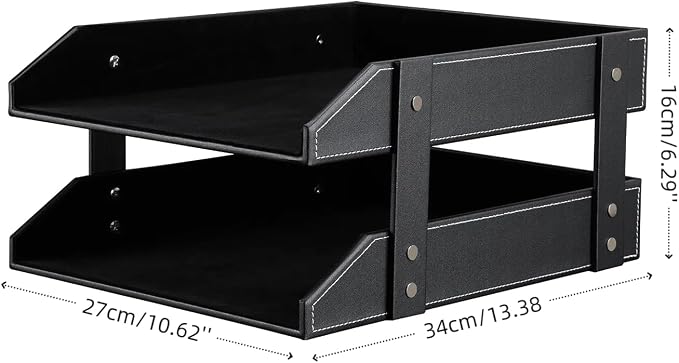 Letter Tray, Leather Paper Organizer Tray, Wooden Desk File Holder, Desktop File, Stackable Magazine Holder, Mail Sorter, Great for Home or Office - 2 Level Black