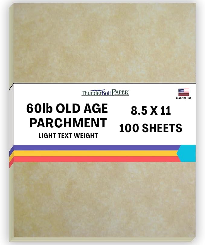 100 Old Age Parchment Paper for Writing - 60# Text (=24# Bond) Sheets - 8.5 X 11 Inches Standard Letter Flyer Size - Not Card Weight - Vintage Colored Old Parchment Look