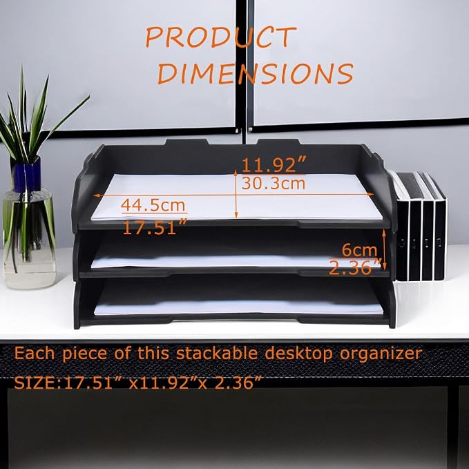 A3 Stackable Paper Tray, 3 Tier Desk File Organizer, Desktop Organizer for Office Supplies,Office Desk Accessories & Workspace, /A3 Office File Folder, Office School, White (Landscape-Black-3-Tier)