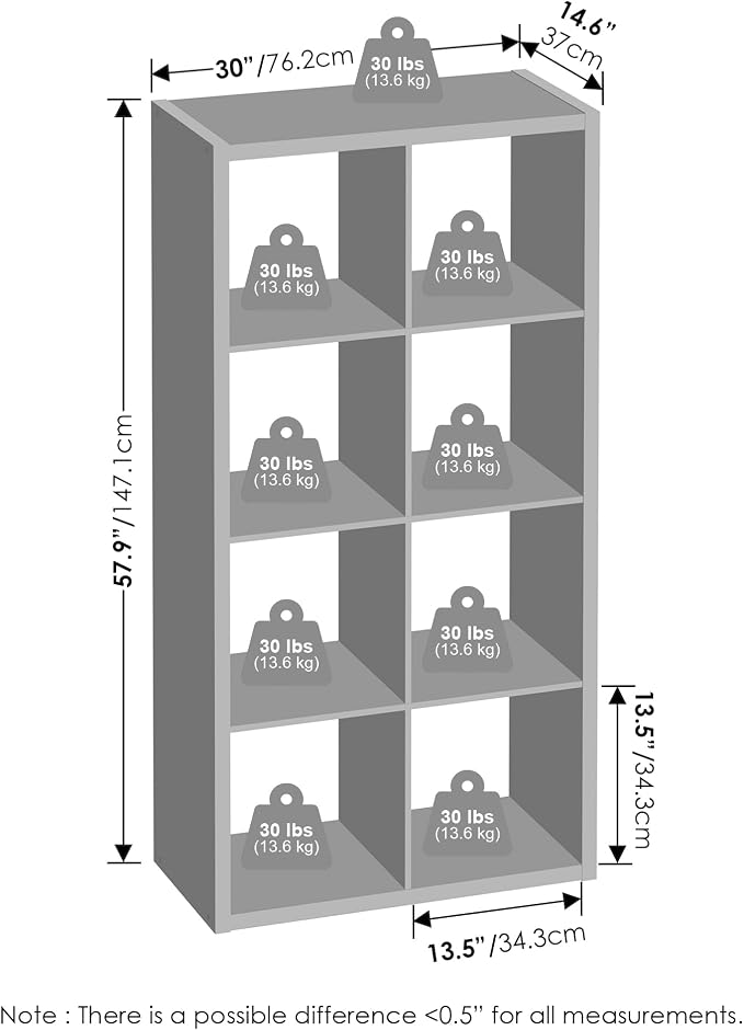 Furinno Simple 8-Cube Storage Organizer, Extra Thick Frame, Pale Grey | Vertical/Horizontal, Open Back, Display Shelf, Shelving Unit, Storage Shelves, for Organization, Living Room, Home Office